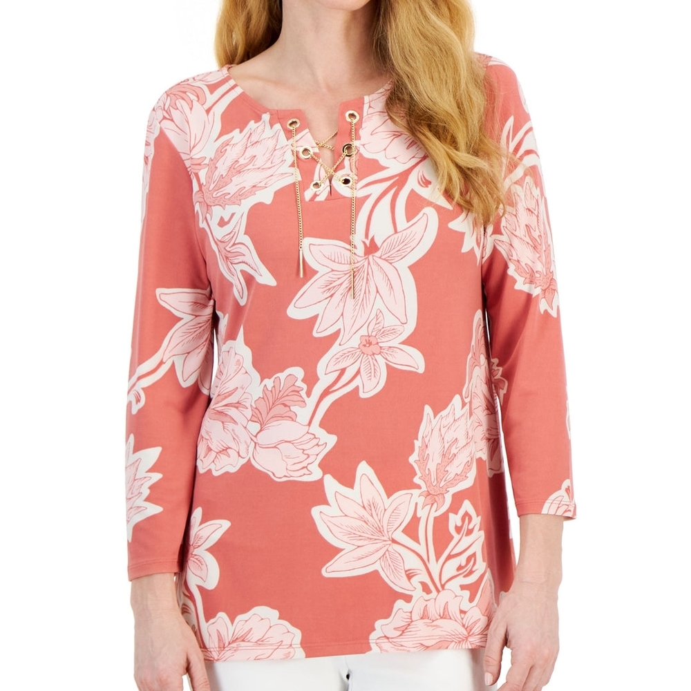 JM Collection Floral Lace-Up Blouse - Coral Pastel Perfect Spring EASTER color